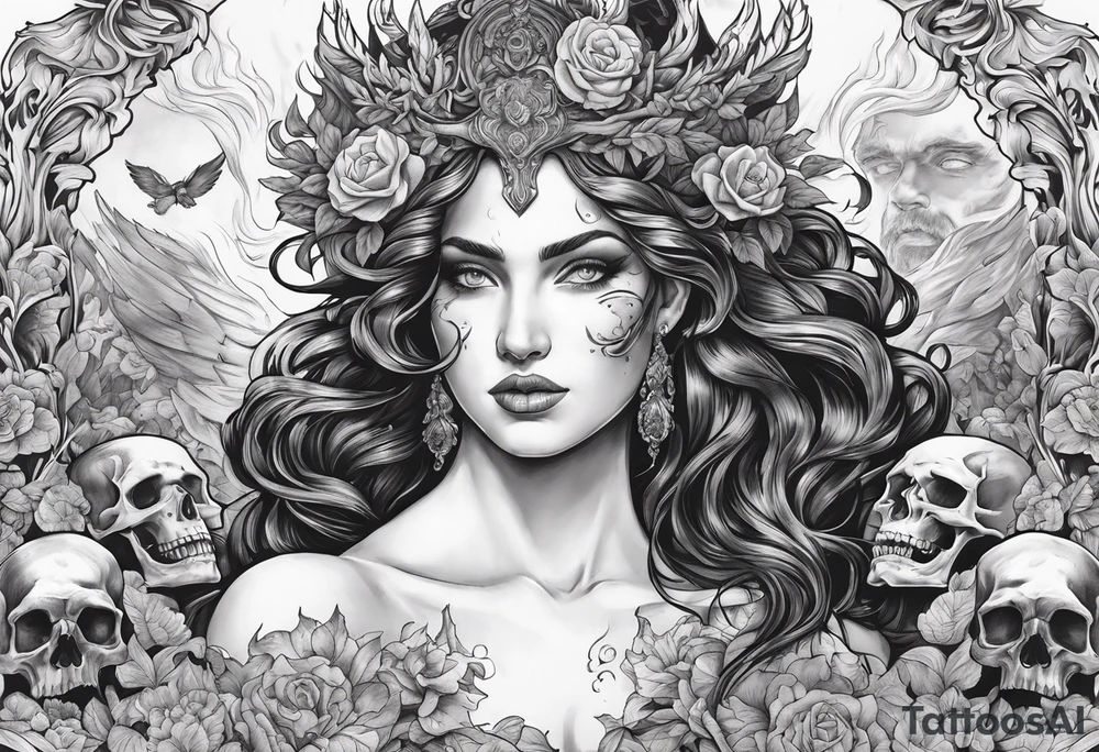 Hades and Persephone in Hell surrounded by skulls and fire tattoo idea Hades and Persephone in Hell surrounded by skulls and fire tattoo idea