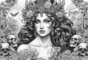 Hades and Persephone in Hell surrounded by skulls and fire tattoo idea