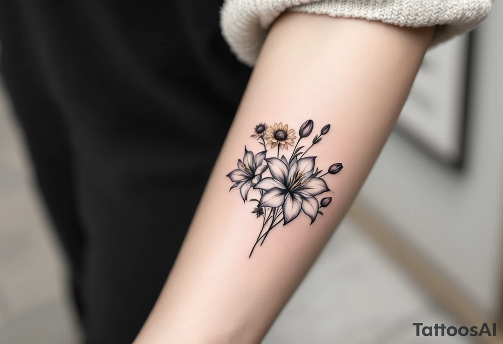 Stargazer lillies with small sunflowers and tulip buds in a dainty wildflower bouquet with stems tattoo idea