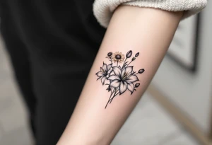 Stargazer lillies with small sunflowers and tulip buds in a dainty wildflower bouquet with stems tattoo idea