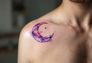 Sofinka nestled within a crescent moon, shaded in light silver and pastel violet. tattoo idea