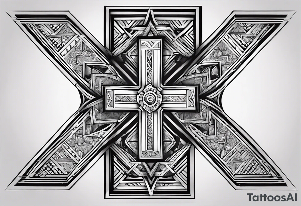 Big cross down the back with samoan patterns tattoo idea