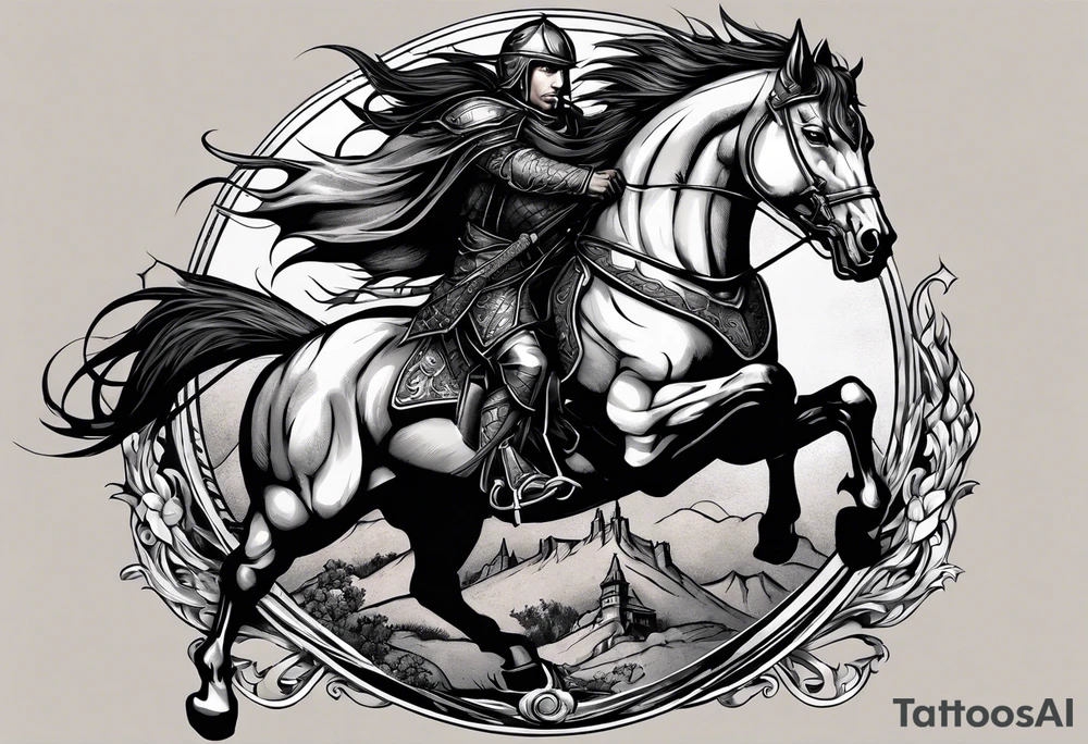 A night on a horse who is killing a dragon with a lance. He has a shield that has a crest with ravens on it. It will go on my right upper arm. Make the style American traditional tattoo idea