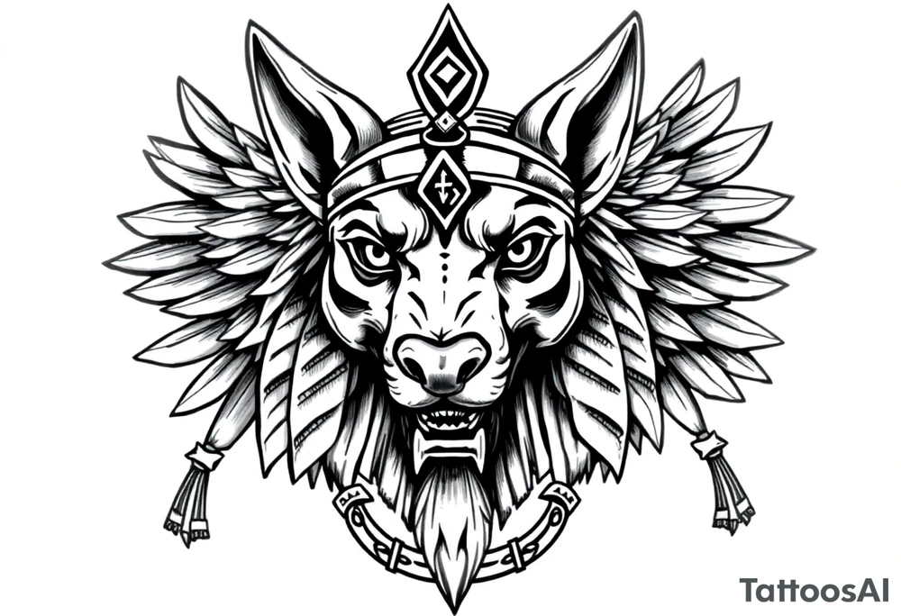 Egyptian Anubis god face muscle in Egypt style  with mantle on head

dog face surrounded Egyptian symbols based on elements tattoo idea
