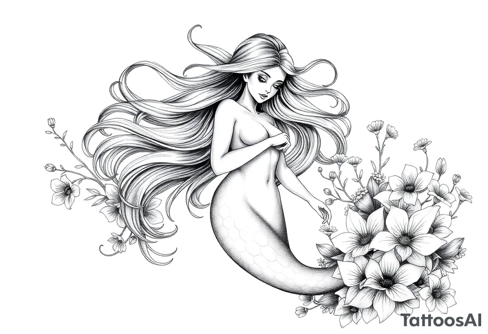 ethereal mermaid with flowing hair among coral and sea flowers tattoo idea