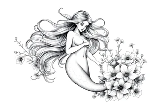 ethereal mermaid with flowing hair among coral and sea flowers tattoo idea