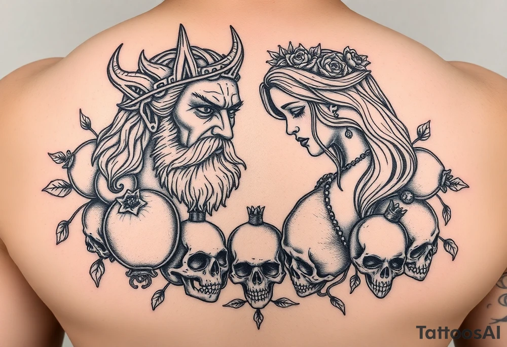 Hades and Persephone with pomegranate’s and skulls tattoo idea
