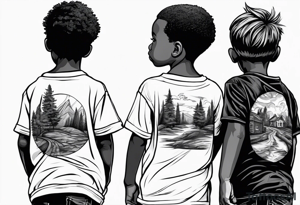 full bodies of 3 black school age boys walking away together and one is looking to the side at the one in the middle tattoo idea