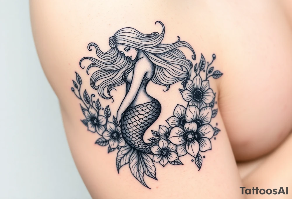 ethereal mermaid with flowing hair among coral and sea flowers tattoo idea