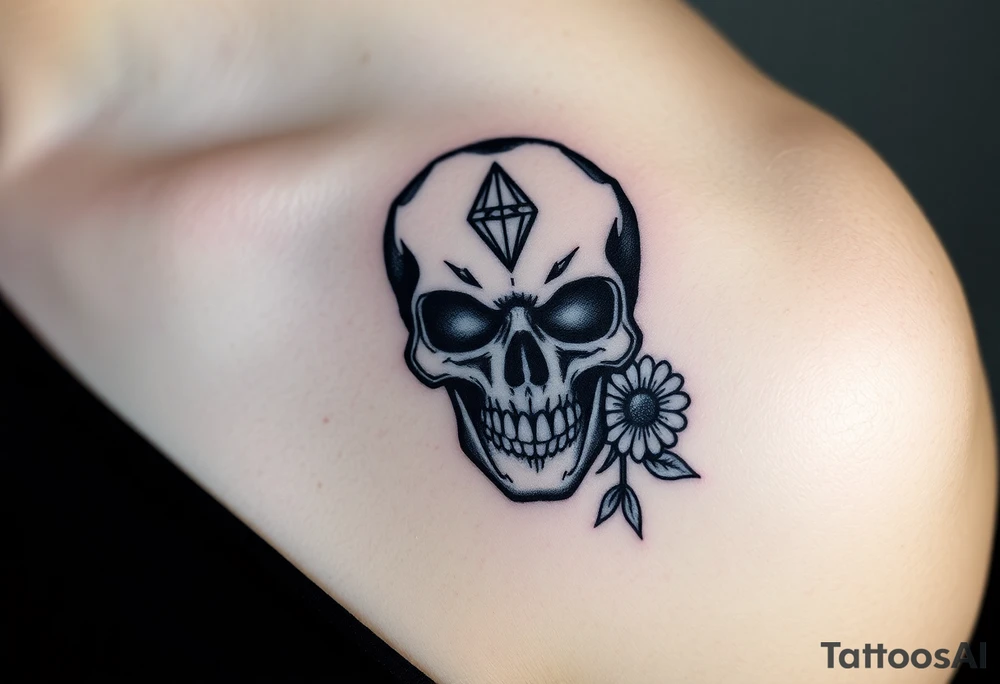 Masculine skull with a diamond and daisy tattoo idea
