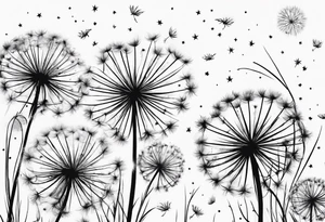 Dandelions blowing in the breeze, “just breathe” and the petals turning into the constellations cancer, Virgo, Sagittarius, Aries and Pisces tattoo idea