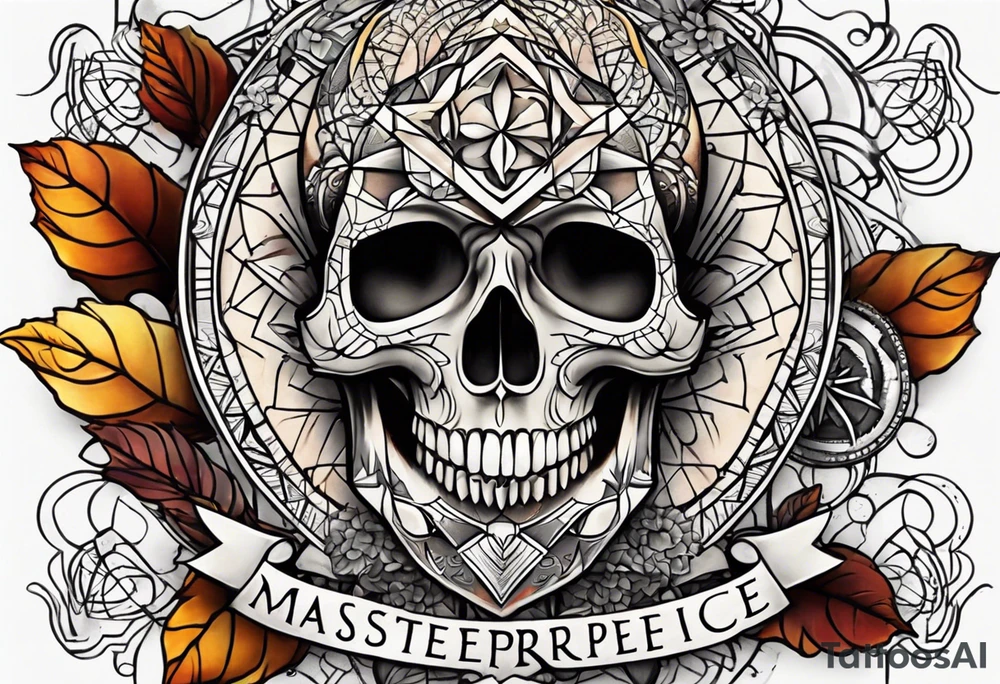 knee tattoo with sacred geometry, skull, swirls & washes in background in fall colors tattoo idea