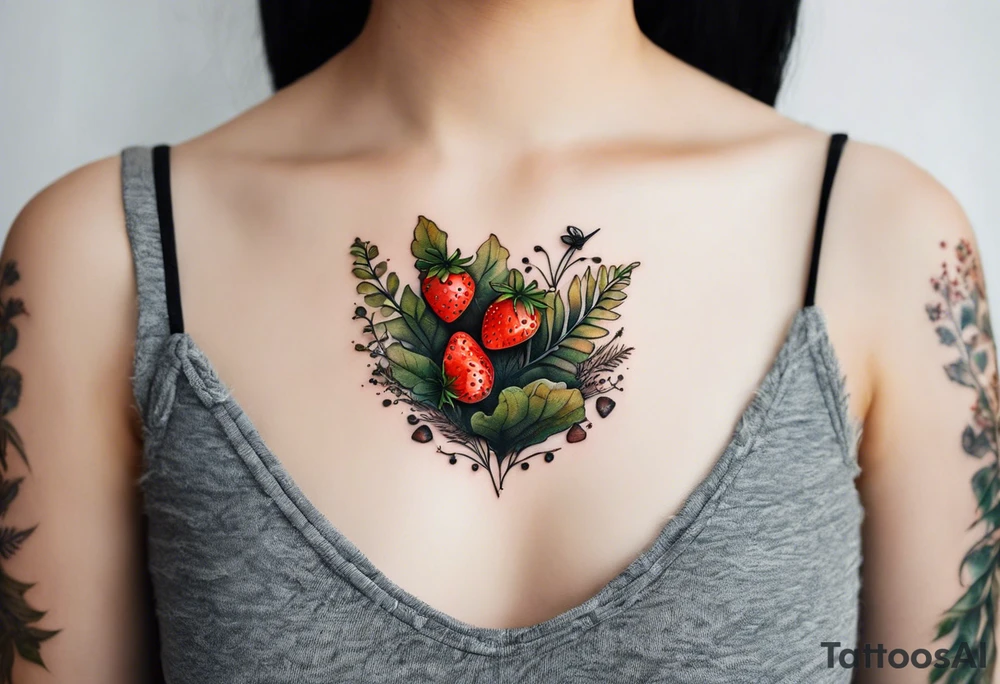 forest floor inspired minimalist tattoo, which includes grass, curly ferns and dead leaves as the bulk of the tattoo. details to include: three very tiny strawberries, a tiny bumblebee flying nearby, three small brown mushrooms tattoo idea