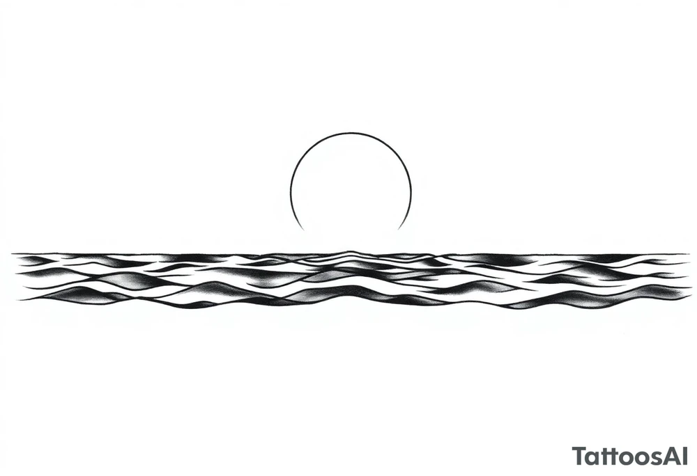 Black and white tattoo design, marine theme. Calm sea waves with a clear horizon line. Above the horizon, a large sun or moon glowing softly, with subtle Norse runes (Algiz, Raido) blended into the light. Minimalistic, elegant, not aggressive, not too masculine or feminine. Line art style, suitable for forearm tattoo. tattoo idea