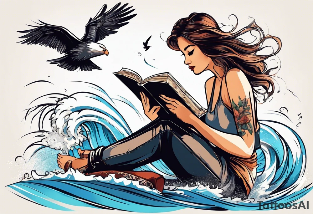 Someone is sitting on the beach reading a book and the pages are flying in the wind, the purpose of the tattoo is to emphasize that just as the pages are flying in the wind, you also have to flip through situations in life tattoo idea