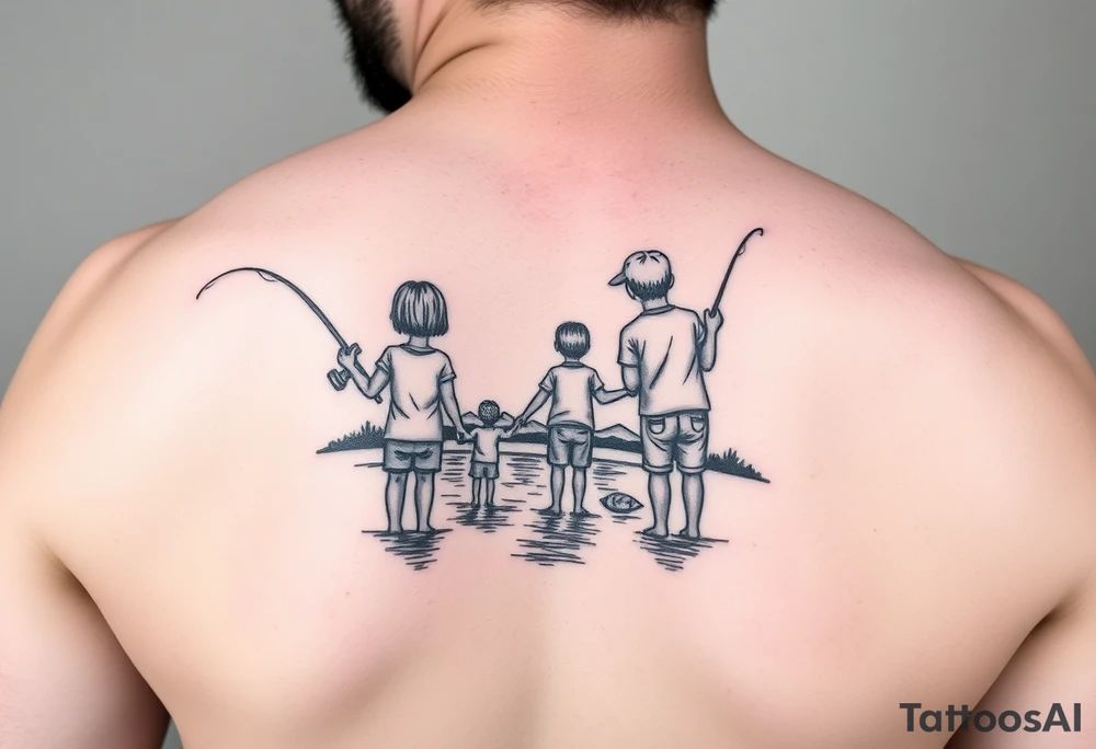 Dad fishing with 3 kids 
1girl and 2 sons
With lake tattoo idea