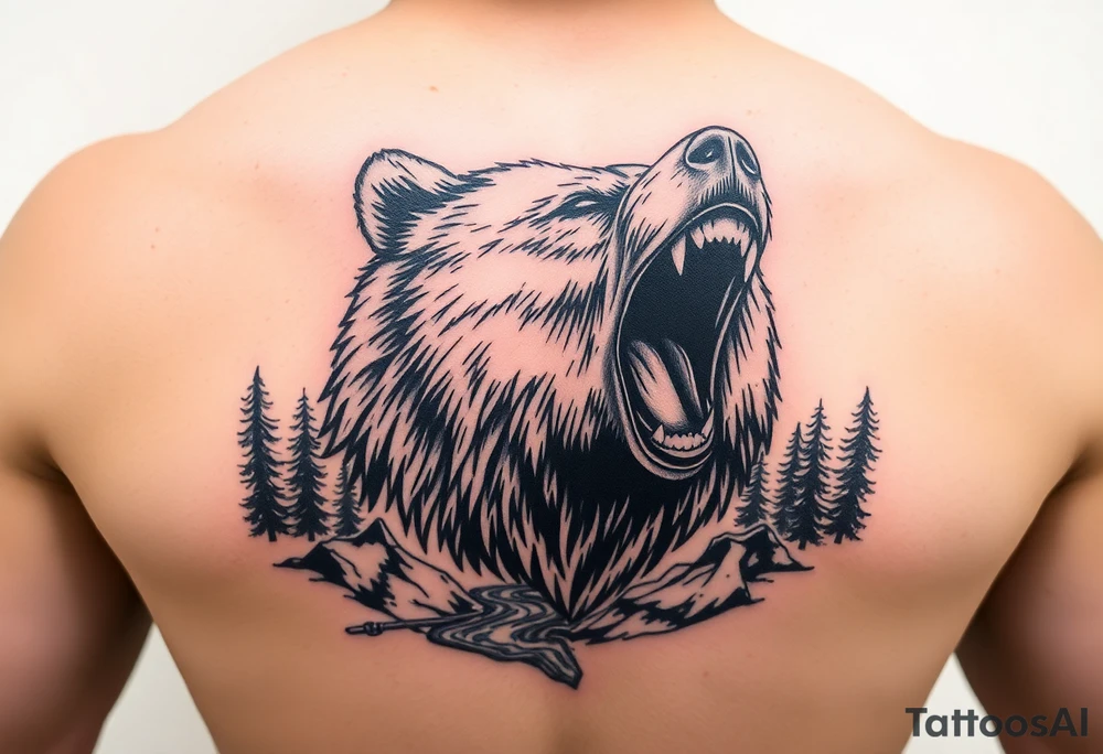 roaring bear,forest,river. tattoo idea
