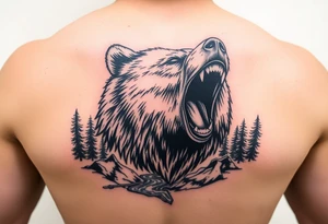 roaring bear,forest,river. tattoo idea
