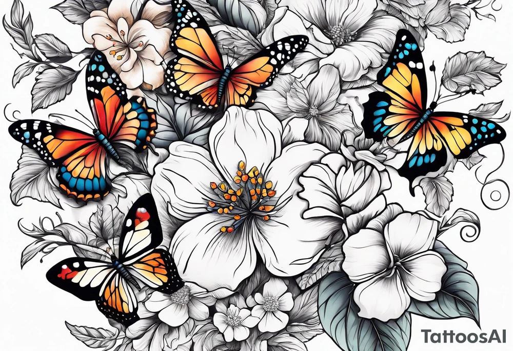 A vine that is rapping around and butterflies and flowers tattoo idea