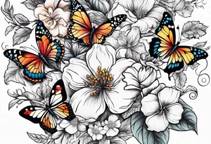 A vine that is rapping around and butterflies and flowers tattoo idea