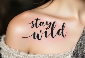 "Stay Wild" in handwritten brush script, black ink with subtle watercolor splashes in earthy greens and browns, giving it a free-spirited, nature vibe. tattoo idea