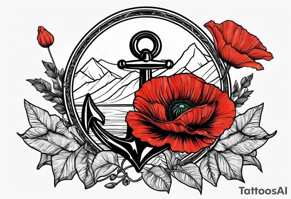an anchor with a poppy flower in front of it and mountains behind it tattoo idea