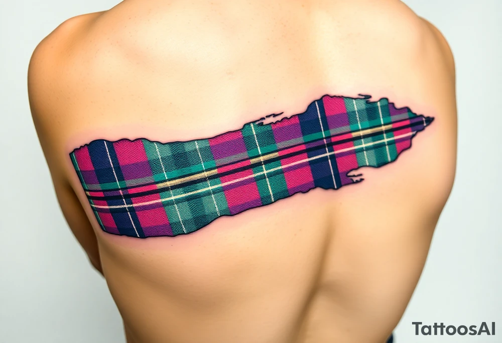 Side of arm Dark Purple with green pink blue and white highlights tartan fabric with flesh peeling away at edges tattoo idea