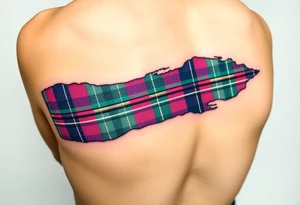 Side of arm Dark Purple with green pink blue and white highlights tartan fabric with flesh peeling away at edges tattoo idea