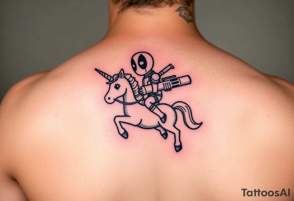 Deadpool riding unicorn holding rocket propelled grenade launcher tattoo idea