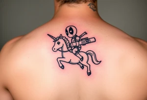 Deadpool riding unicorn holding rocket propelled grenade launcher tattoo idea