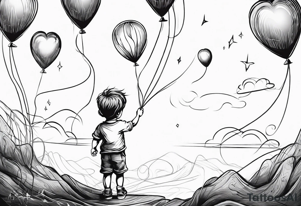tatoo in sketch style only.
A little boy is holding a string to the hearth shaped small party baloon.
boy should be drawed from behind and has one hand reaching up in 45 degree angle and holding the baloon string
On the string is a wave which look like a hearbeat pulse.
draw it without any scenery, without any background. Just a boy 
Add heartbeat pulse on the string tattoo idea