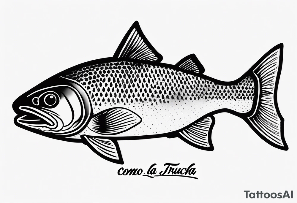 A small tattoo with a shaded trout and text that says, 'Como la trucha...' drawn with fine lines." tattoo idea