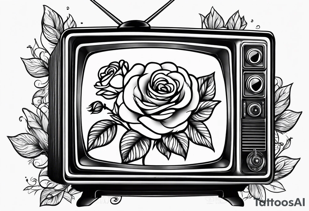 Fine line simple Retro TV with roses tattoo idea