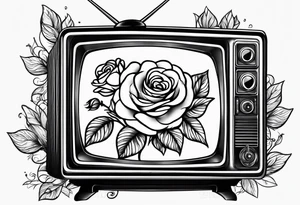 Fine line simple Retro TV with roses tattoo idea