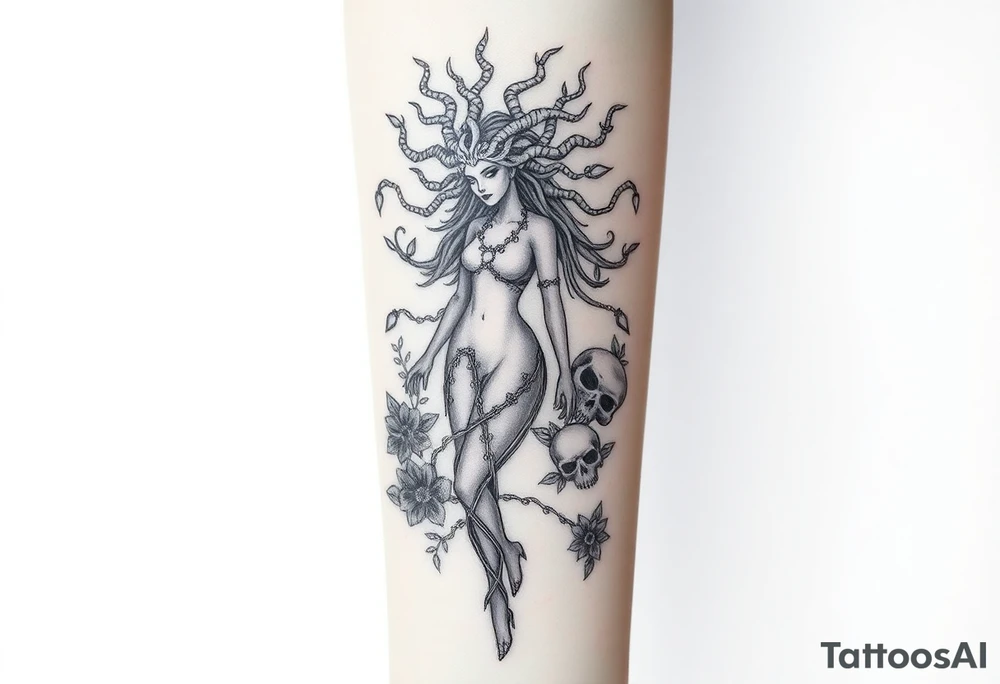 Ethereal Medusa standing. She is beautiful and feminine. She is a phoenix rising from fire and ash. Surrounded by flowers and skulls tattoo idea
