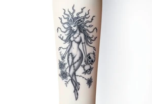 Ethereal Medusa standing. She is beautiful and feminine. She is a phoenix rising from fire and ash. Surrounded by flowers and skulls tattoo idea