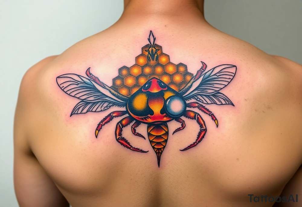 Honey comb bees, fish, crab tattoo idea