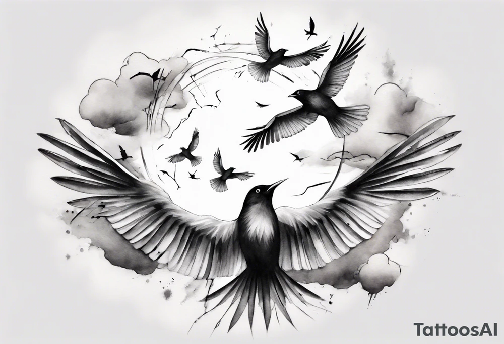 shoulder tattoo with light rays with birds flying free among the clouds, round shape, 3d effect tattoo idea