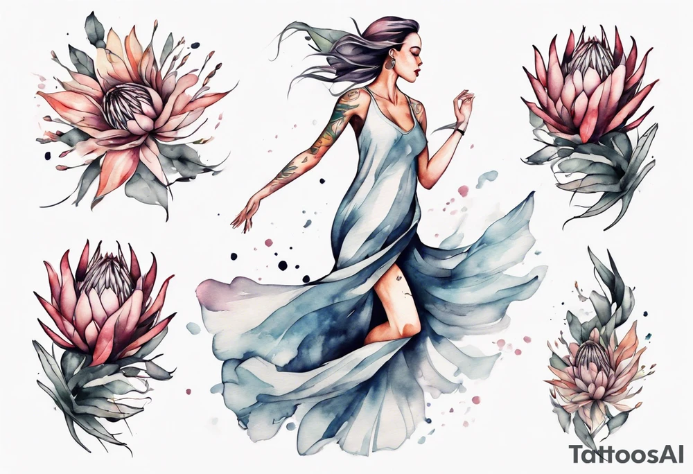Very feminine tattoo with a woman dancing in a wind of protea flowers tattoo idea