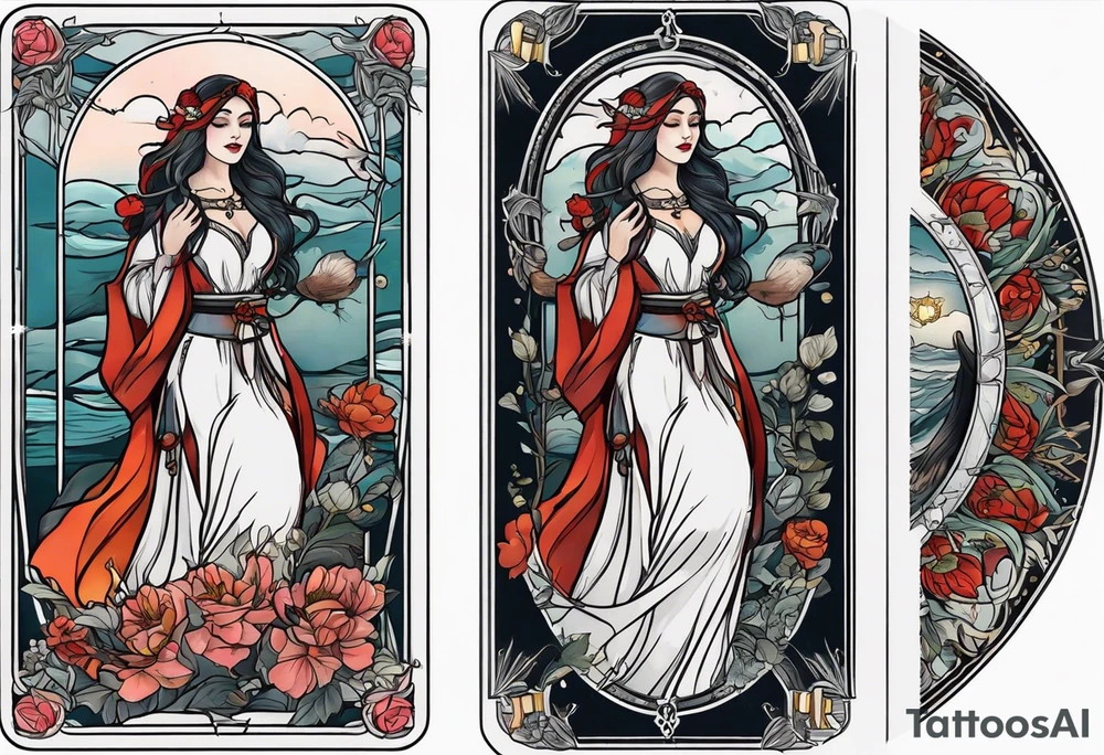 Lady of the lake in a tarot card design tattoo idea