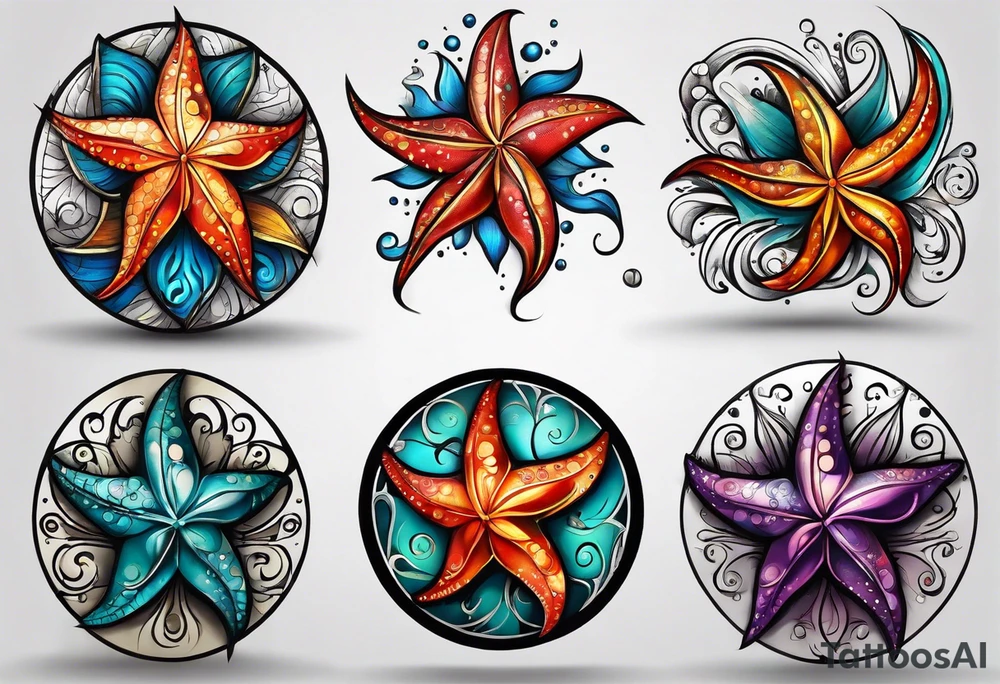 set of 3 star fish of with 3 different bright colors tattoo idea