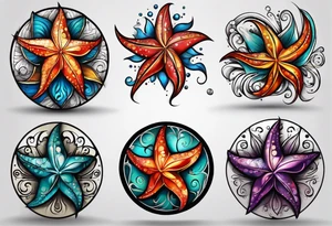 set of 3 star fish of with 3 different bright colors tattoo idea
