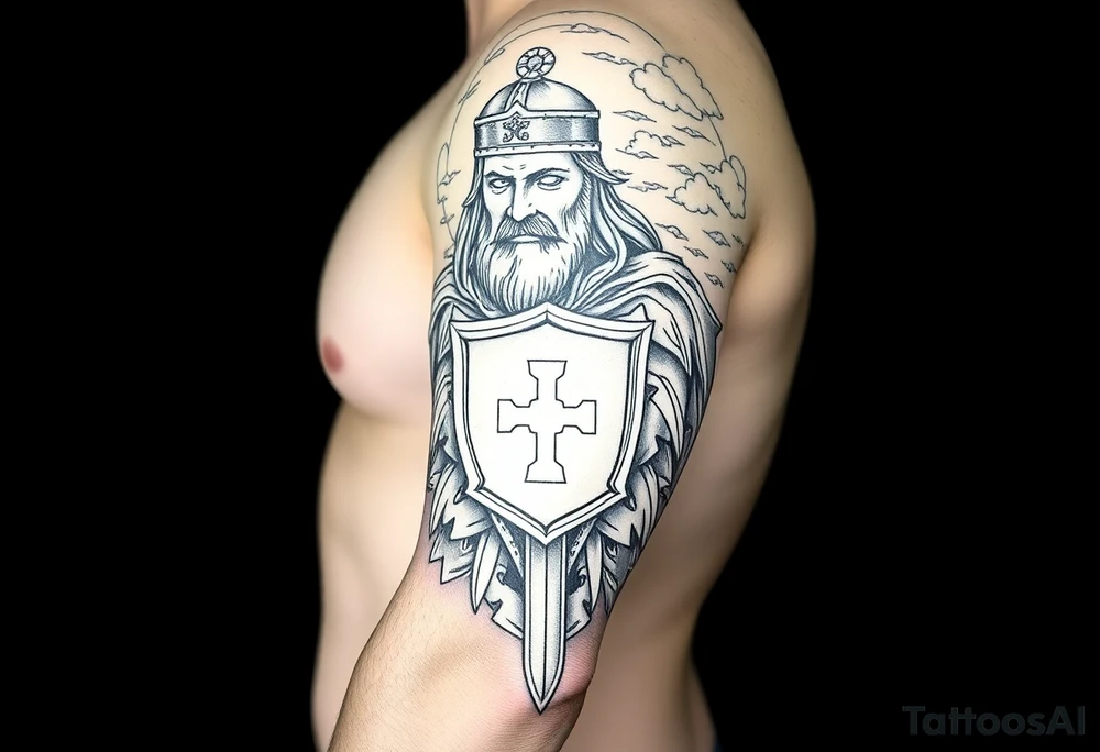 Half sleeve. King Alfred the great, sword, clouds, shield, cross tattoo idea