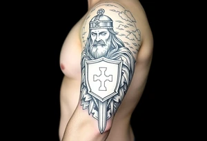 Half sleeve. King Alfred the great, sword, clouds, shield, cross tattoo idea