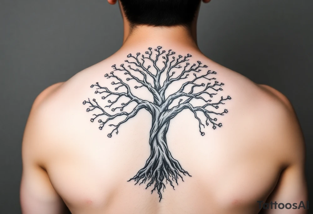 mystical tree of life with cosmic roots and celestial branches tattoo idea