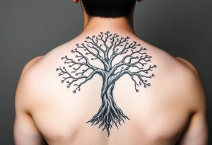 mystical tree of life with cosmic roots and celestial branches tattoo idea