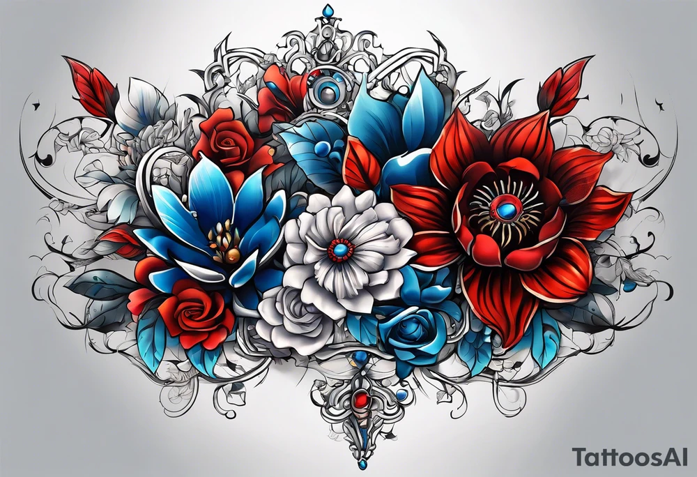 Mechanical flowers with blue and red accents tattoo idea