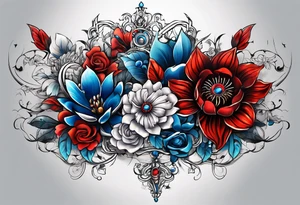 Mechanical flowers with blue and red accents tattoo idea