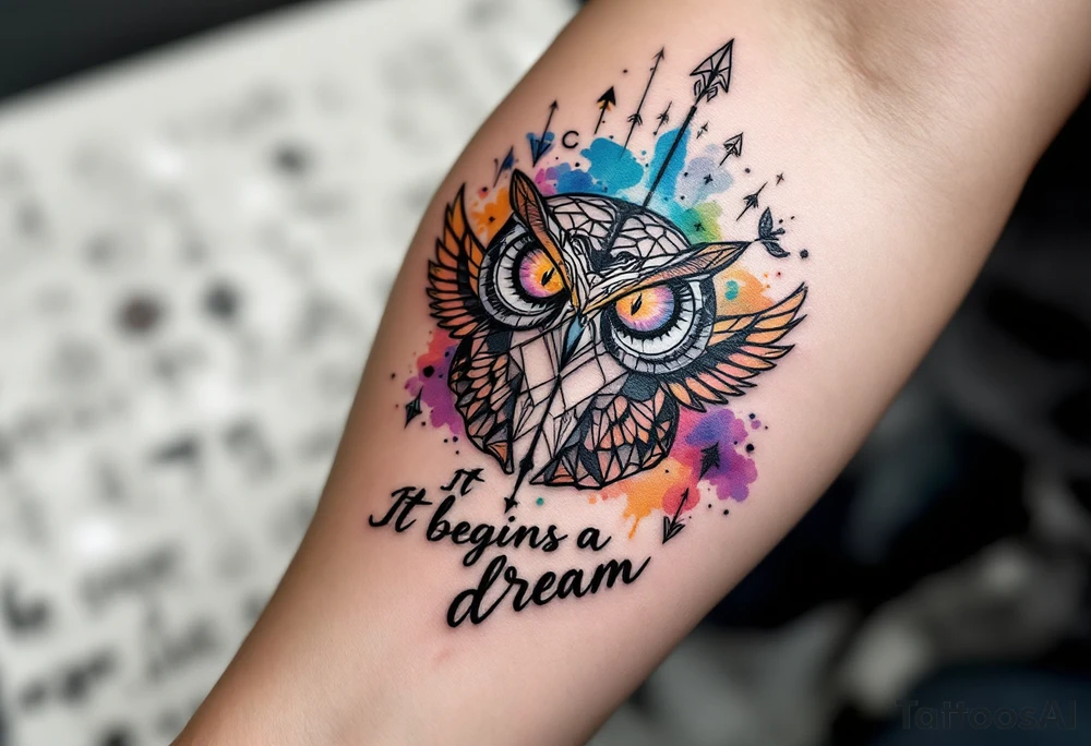 Tattoo inspired in the gifted brain in geometric and straight lines, with few watercolor details but mostly black, symbols representing intelligence, creativity and dreaming flying arround, the phrase "It begins with a dream", owl wings behind and delicate and discrete owl eyes looking forwar, and an arrow crossing from above with watercolors leaking from it tattoo idea
