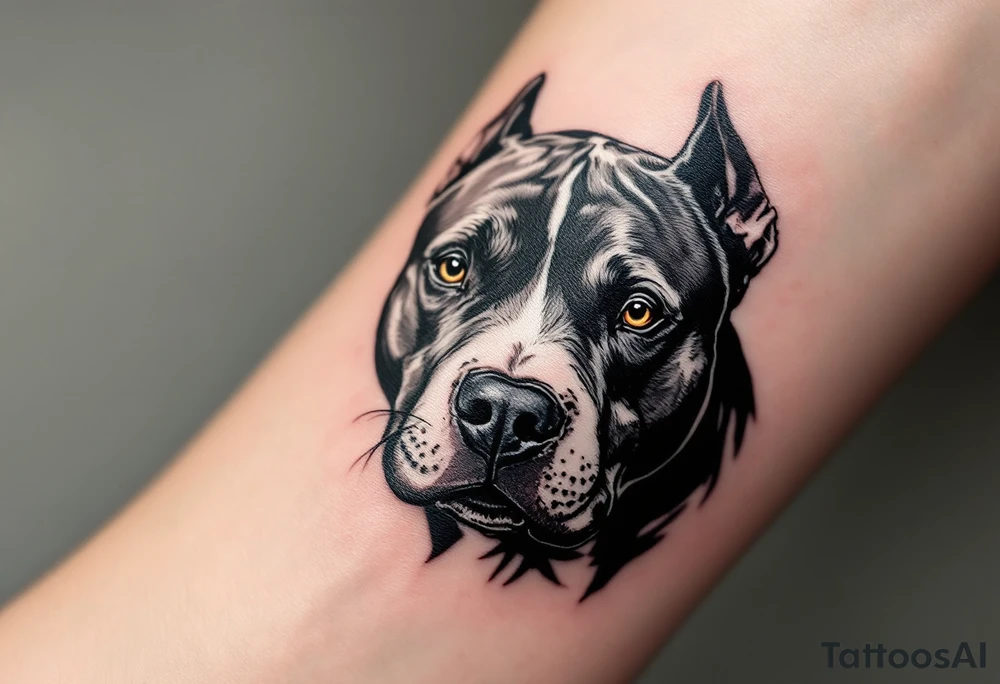 Blackwork pitbull head, solid black ink with negative space for fur and facial features, bold and dramatic. tattoo idea